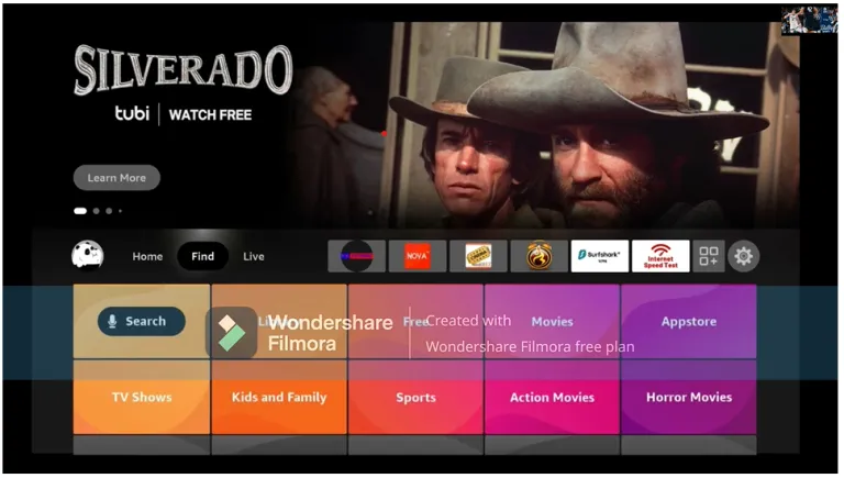 Firestick / Fire TV — Open Find → Search from the home screen